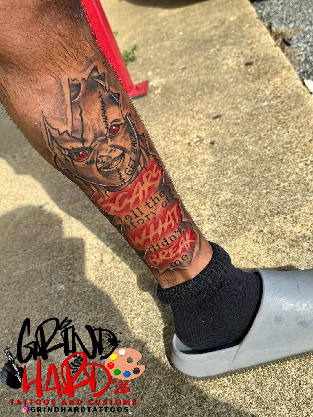 Tattoo by @grindhard_tattoos — realism, lettering_script