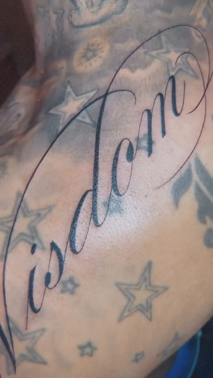 Tattoo by @aquanoir — lettering_script, black_and_grey