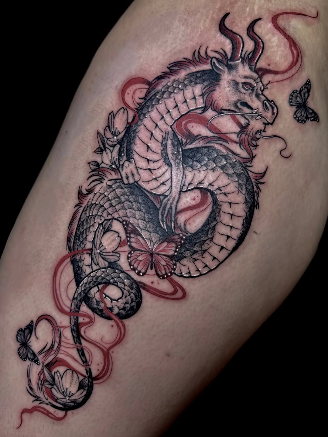 Tattoo by @katscratchtattooss — japanese_irezumi, black_and_grey