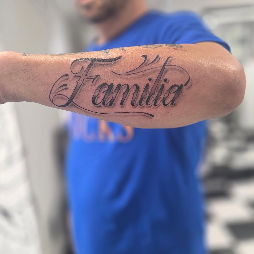 Tattoo by @berryblues — lettering_script, chicano
