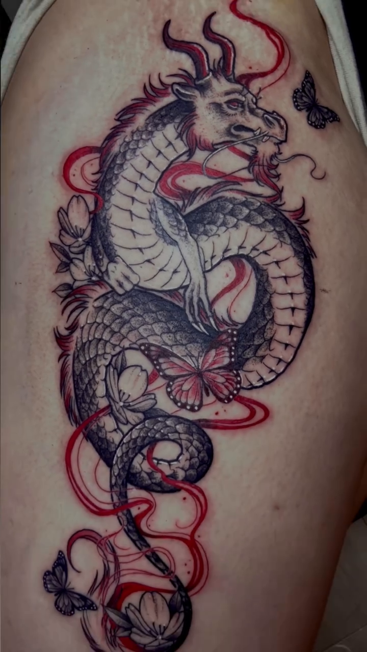 Tattoo by @katscratchtattooss — japanese_irezumi, black_and_grey