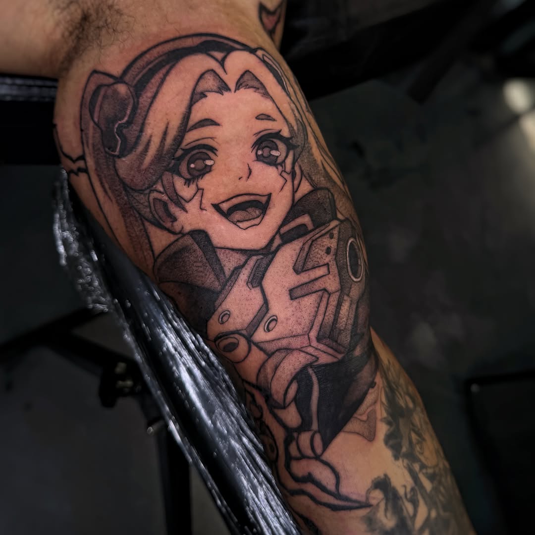 Tattoo by @melissaa_lotuss — anime, black_and_grey