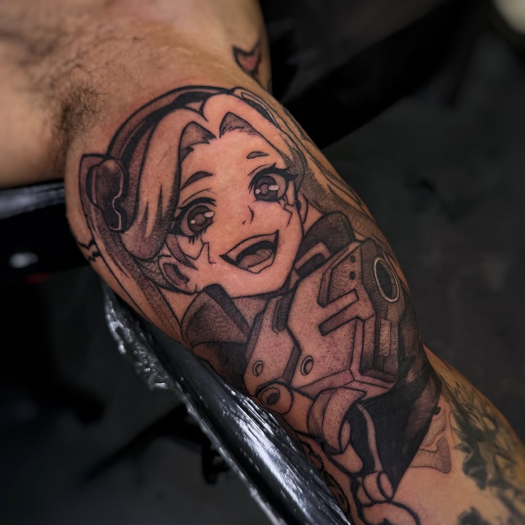 Tattoo by @melissaa_lotuss — anime, black_and_grey