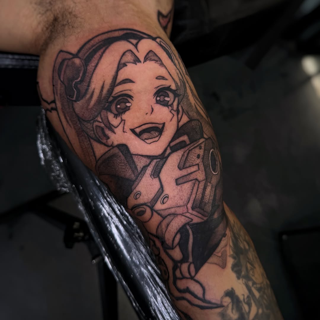 Tattoo by @melissaa_lotuss — anime, black_and_grey