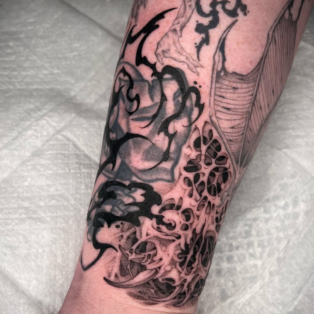 Tattoo by @revoltingworship — blackwork, black_and_grey