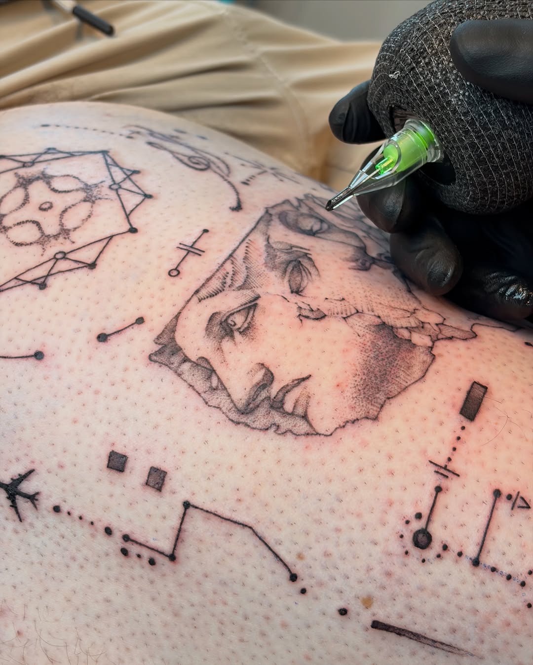 Tattoo by @aleki_blue — realism, geometric
