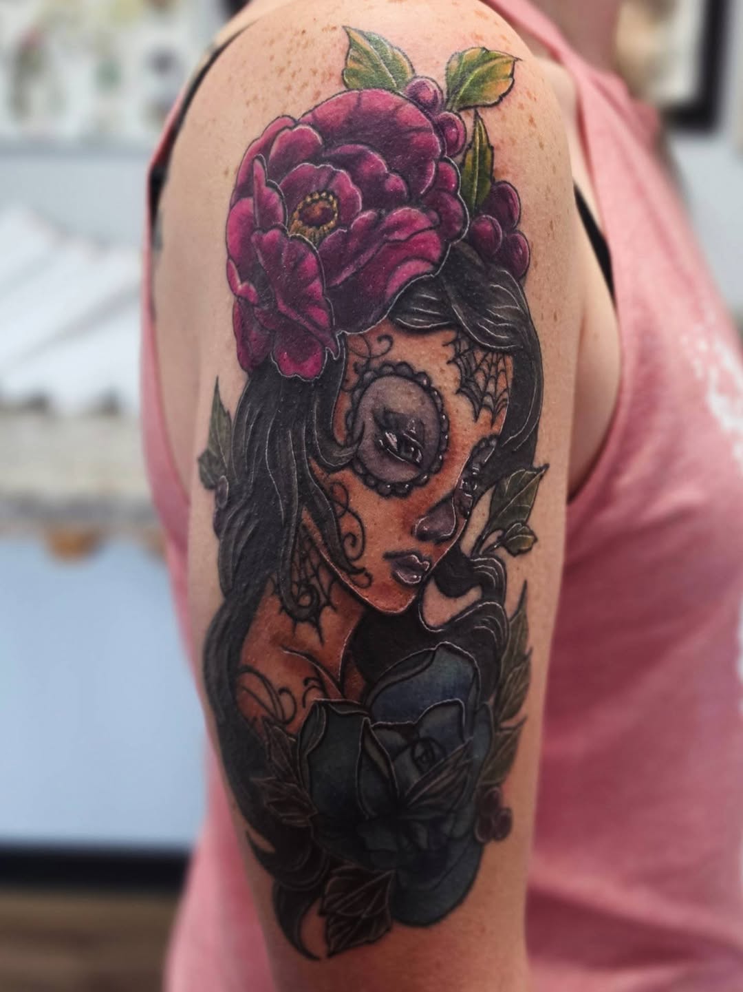 Tattoo by @colleen_does_tattoos — chicano, black_and_grey
