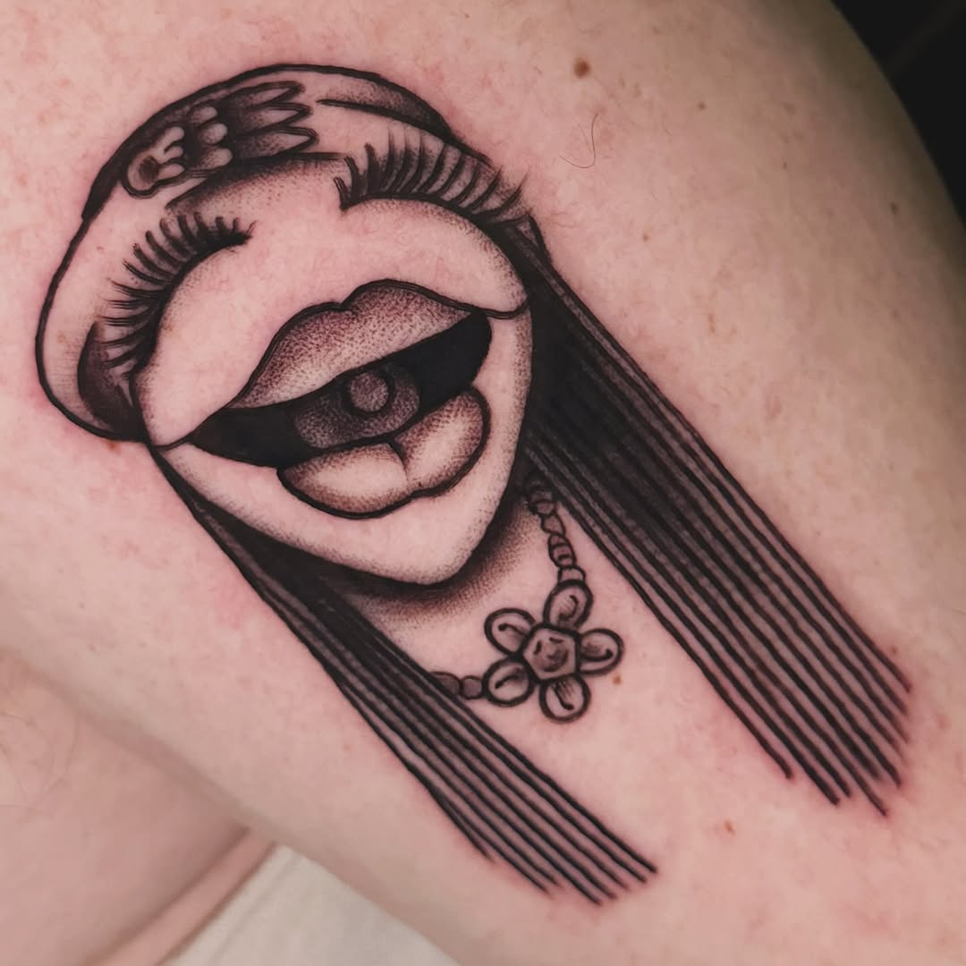 Tattoo by @nikkibeetattoos — black_and_grey, chicano