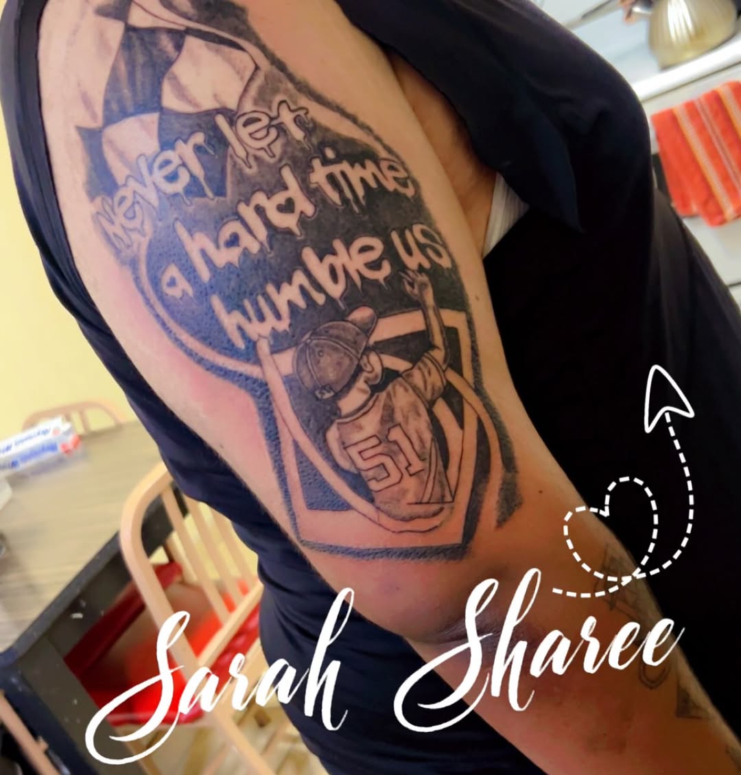 Tattoo by @sarahsshop822 — lettering_script, black_and_grey