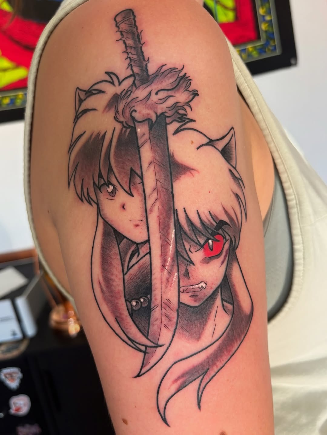 Tattoo by @toriwartooth — anime, black_and_grey