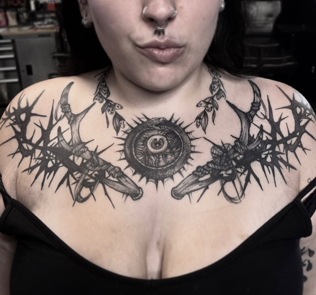 Tattoo by @rottenronnietattoos — blackwork, dark_realism
