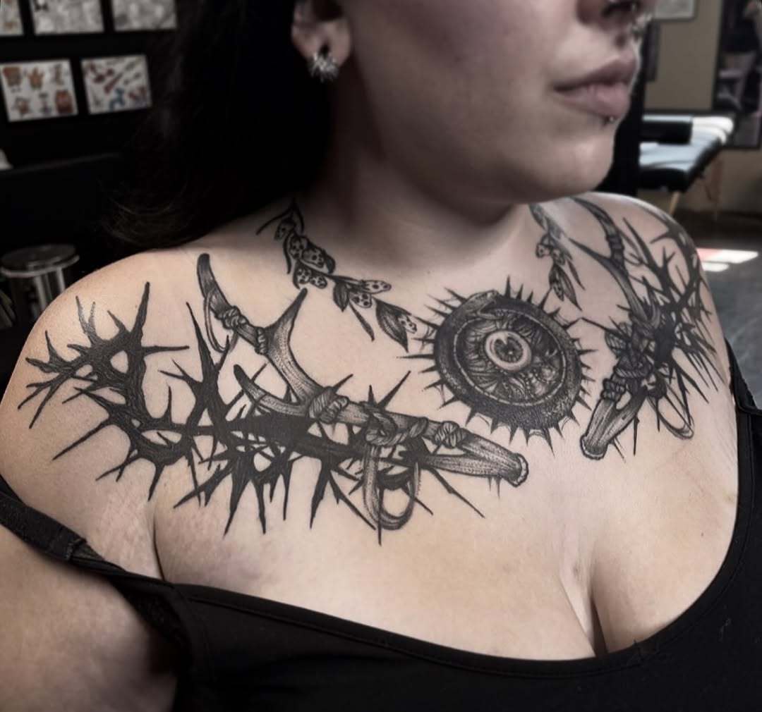 Tattoo by @rottenronnietattoos — blackwork, dark_realism