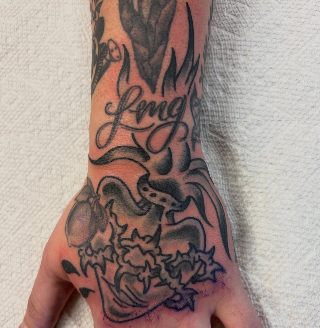 Tattoo by @eriktulgetsketattoo — lettering_script, black_and_grey