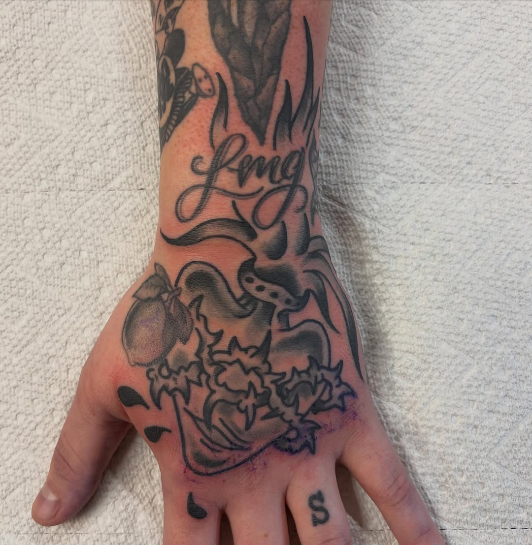 Tattoo by @eriktulgetsketattoo — lettering_script, black_and_grey