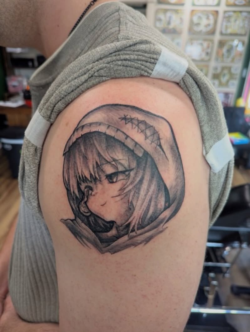 Tattoo by @skiesafiretattoo โ anime, black_and_grey