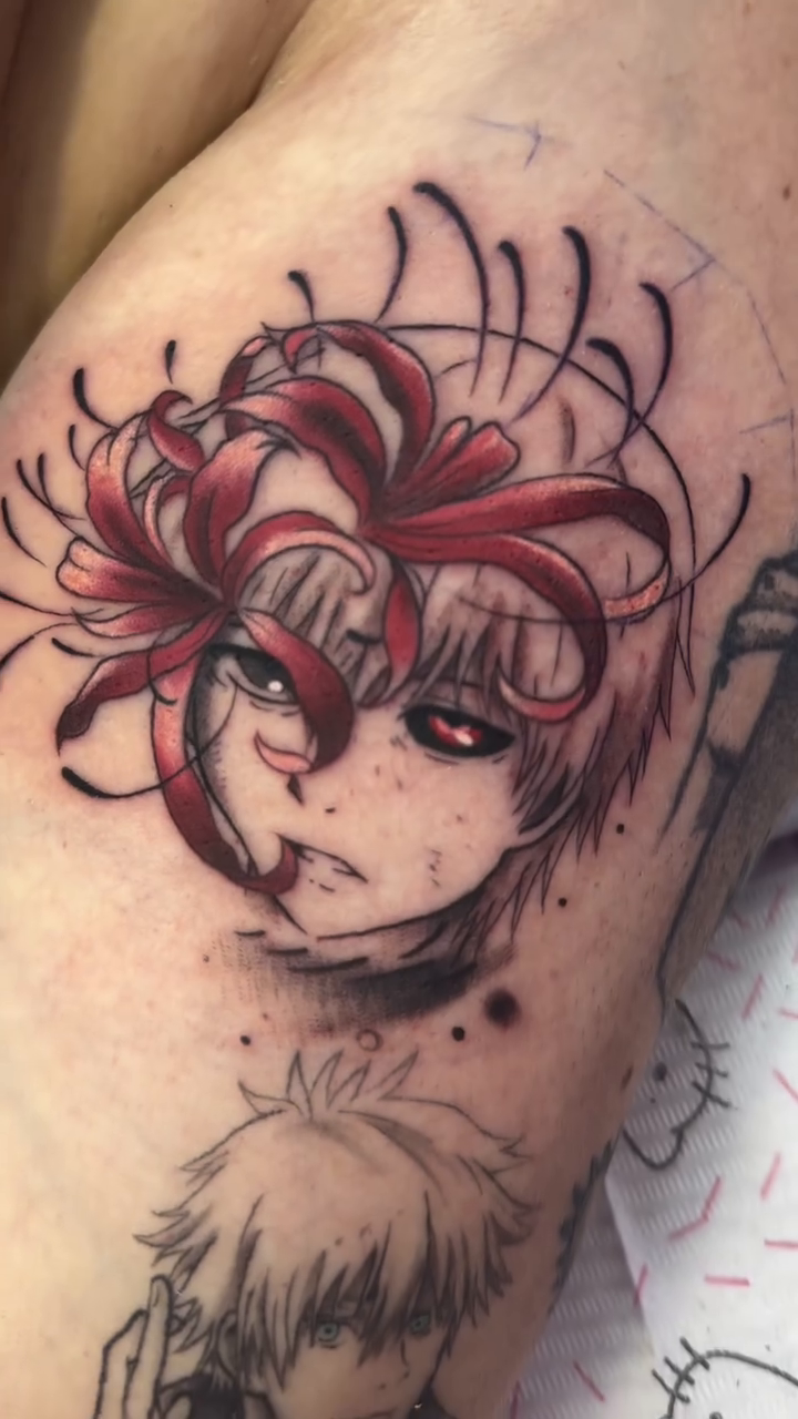 Tattoo by @sweetti.tattoo β anime, black_and_grey