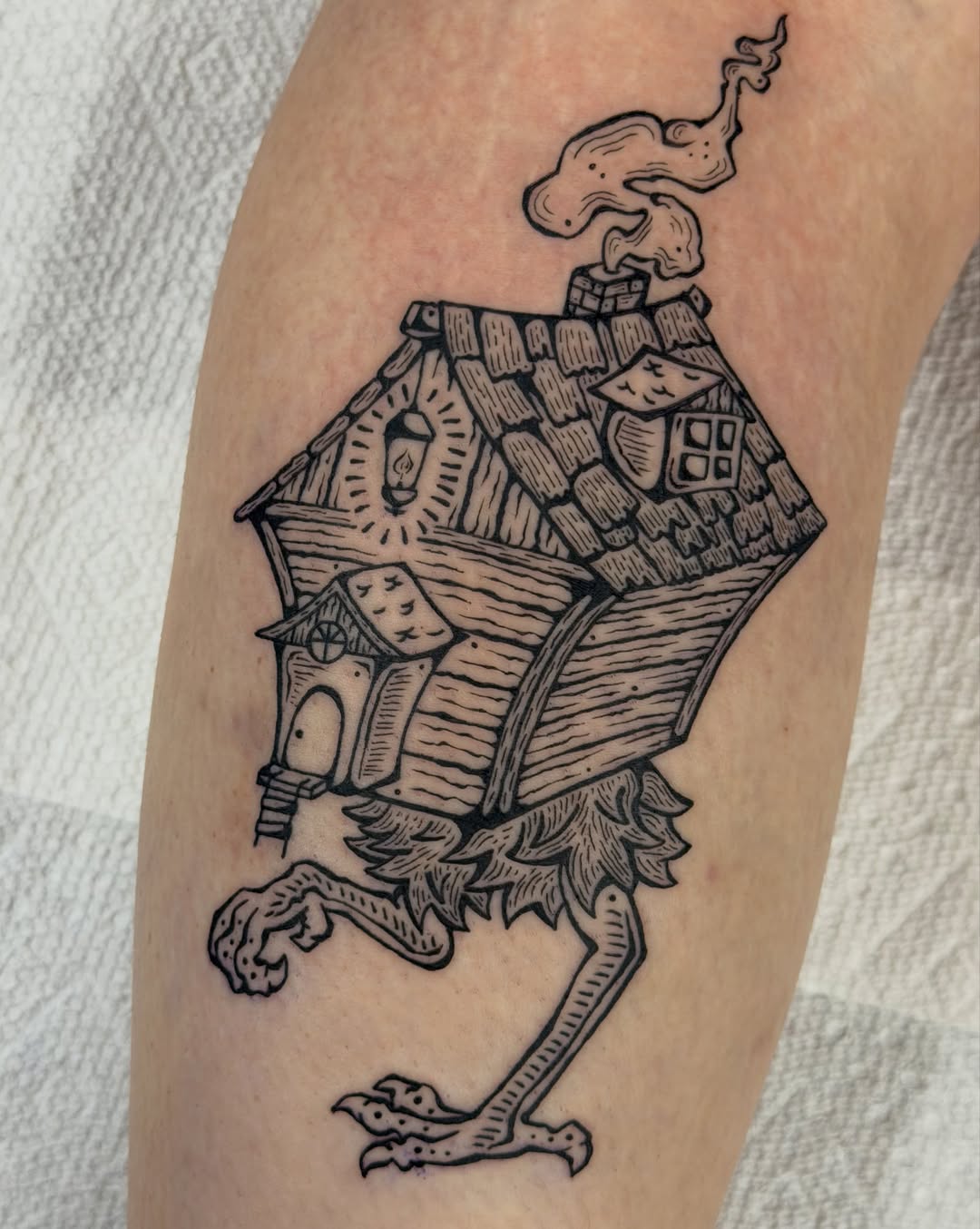 Tattoo by @clotato.chips — illustrative, blackwork