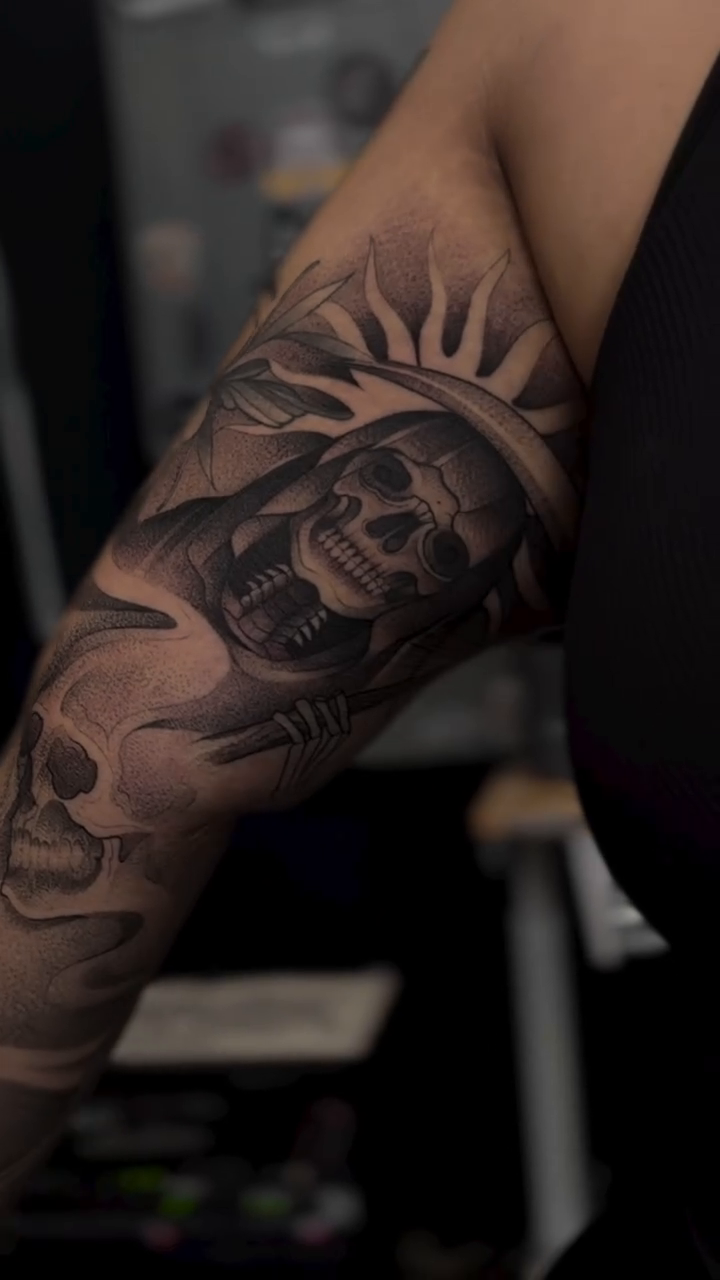 Tattoo by @sreygun — black_and_grey, dark_realism