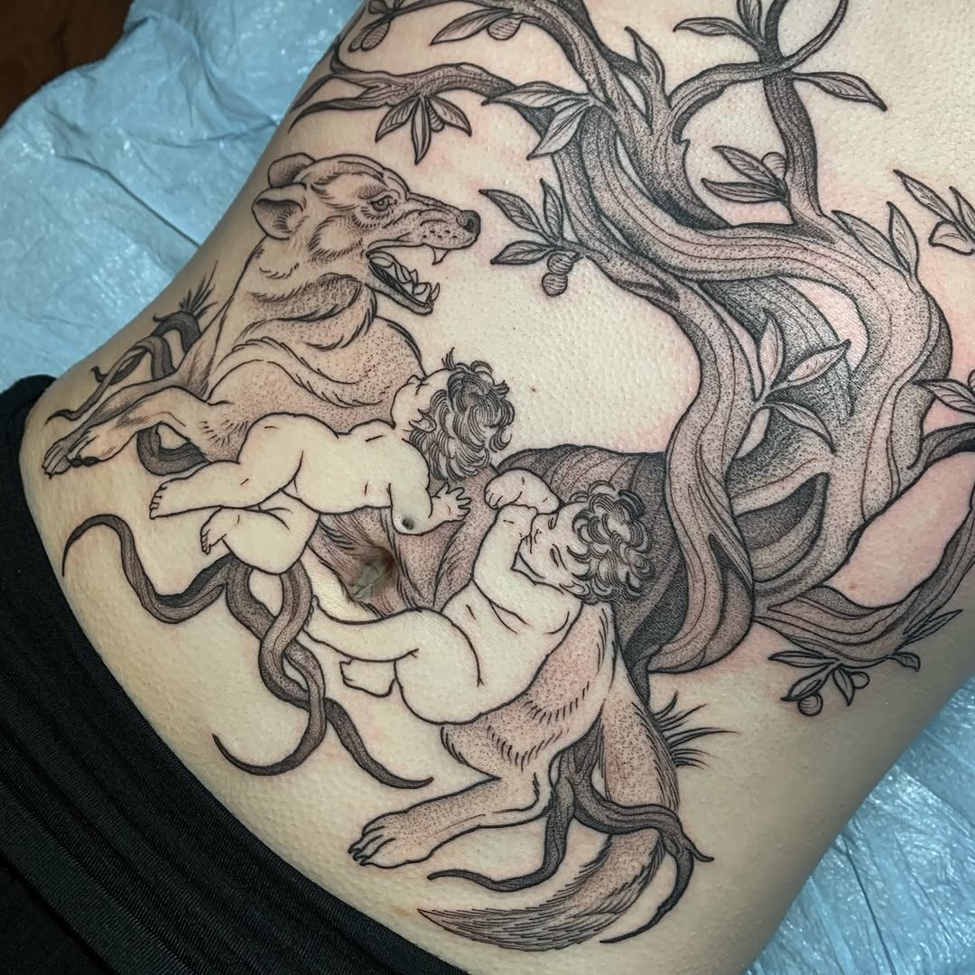 Tattoo by @tabby_wirebach_tattoos — illustrative, black_and_grey