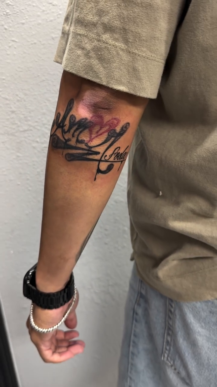 Tattoo by @dktatts β lettering_script, black_and_grey