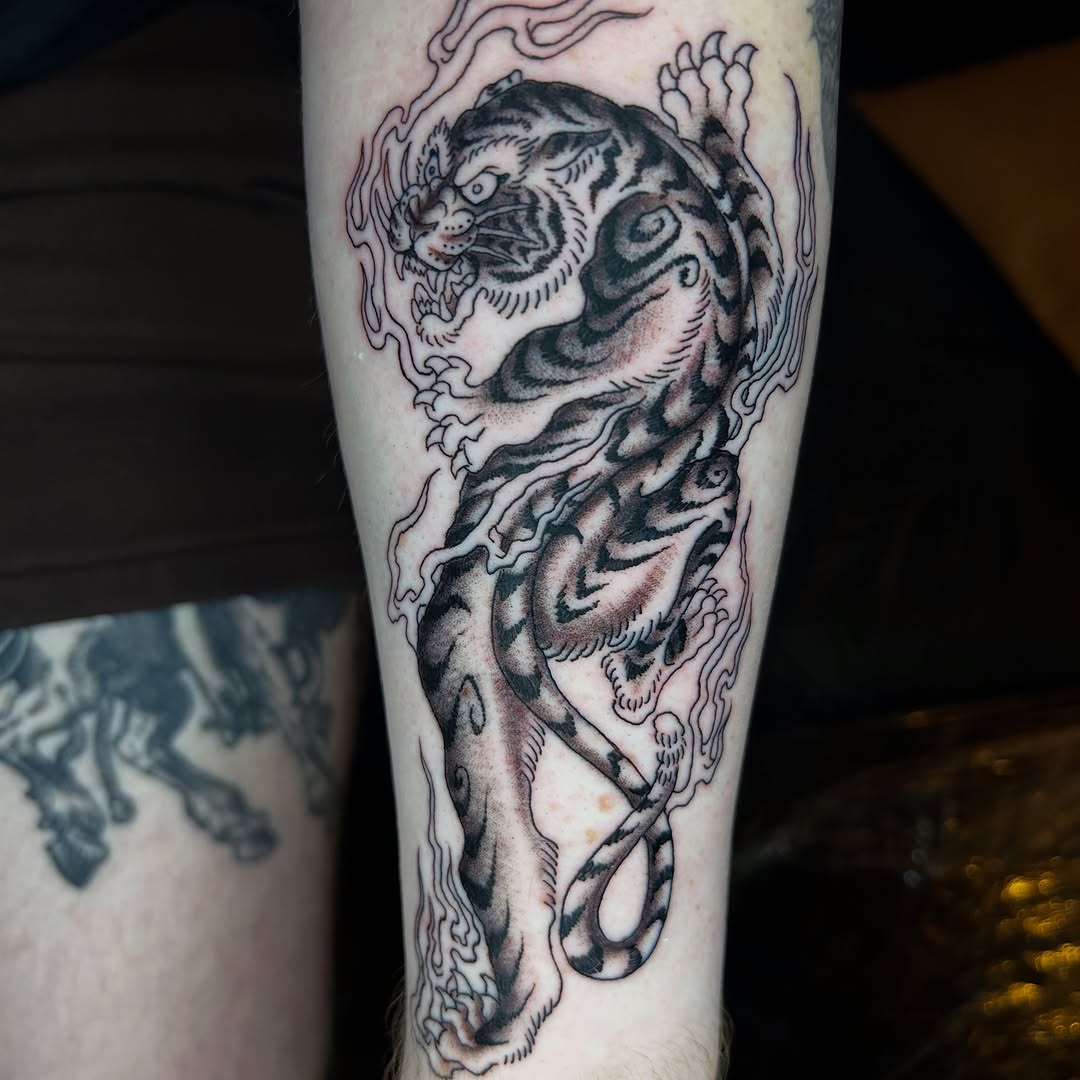 Tattoo by @dirtyblackboots — japanese_irezumi, black_and_grey