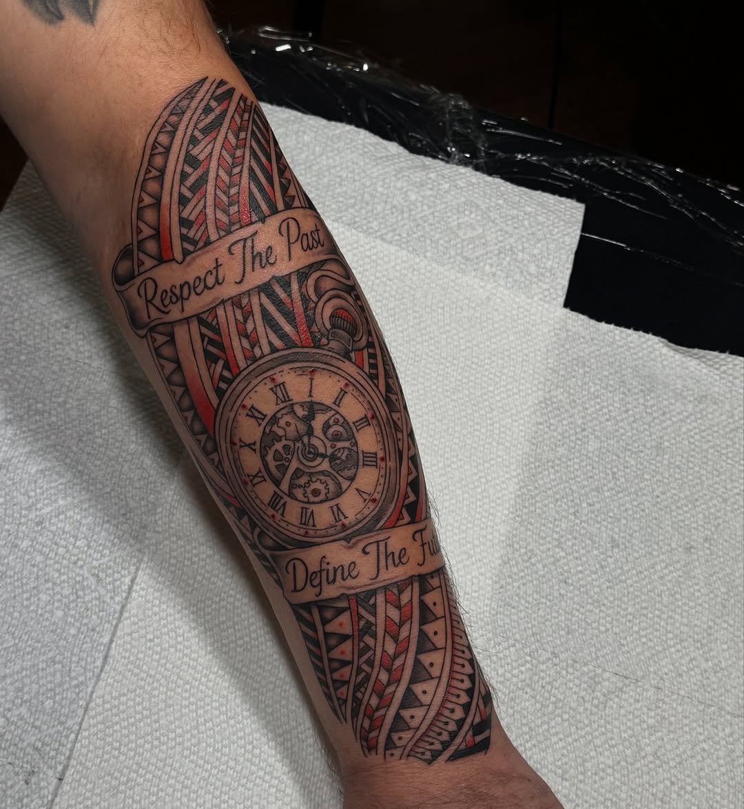 Tattoo by @stabbedbymaddie — black_and_grey, lettering_script