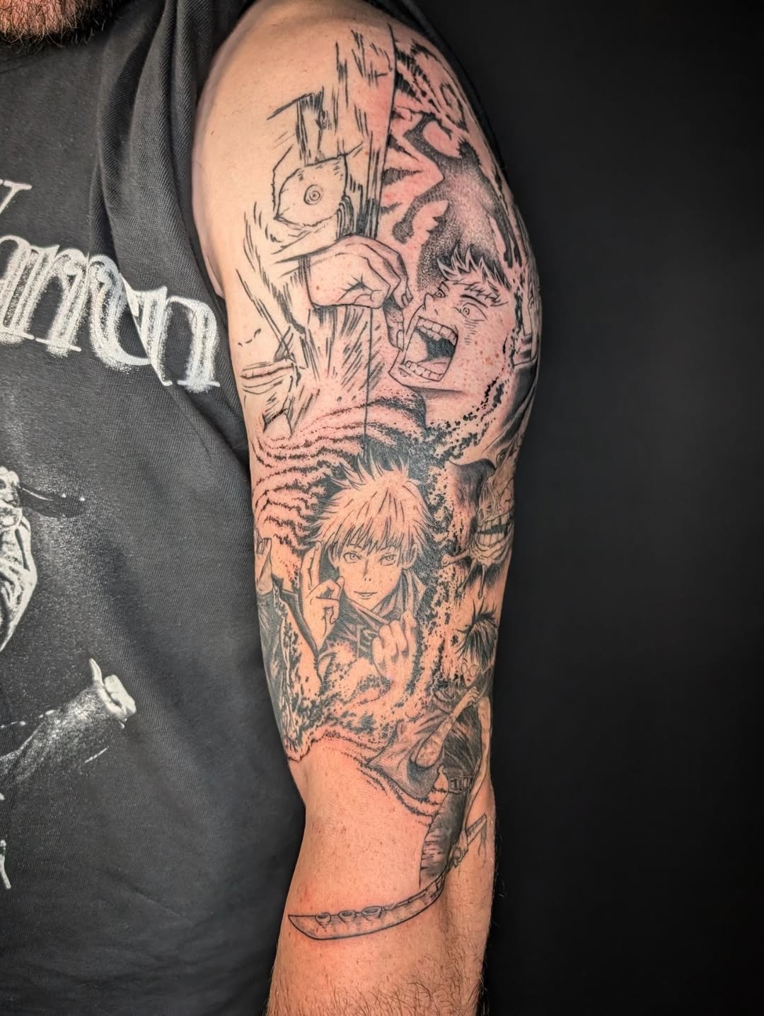 Tattoo by @krystamctattoos111 — anime, black_and_grey