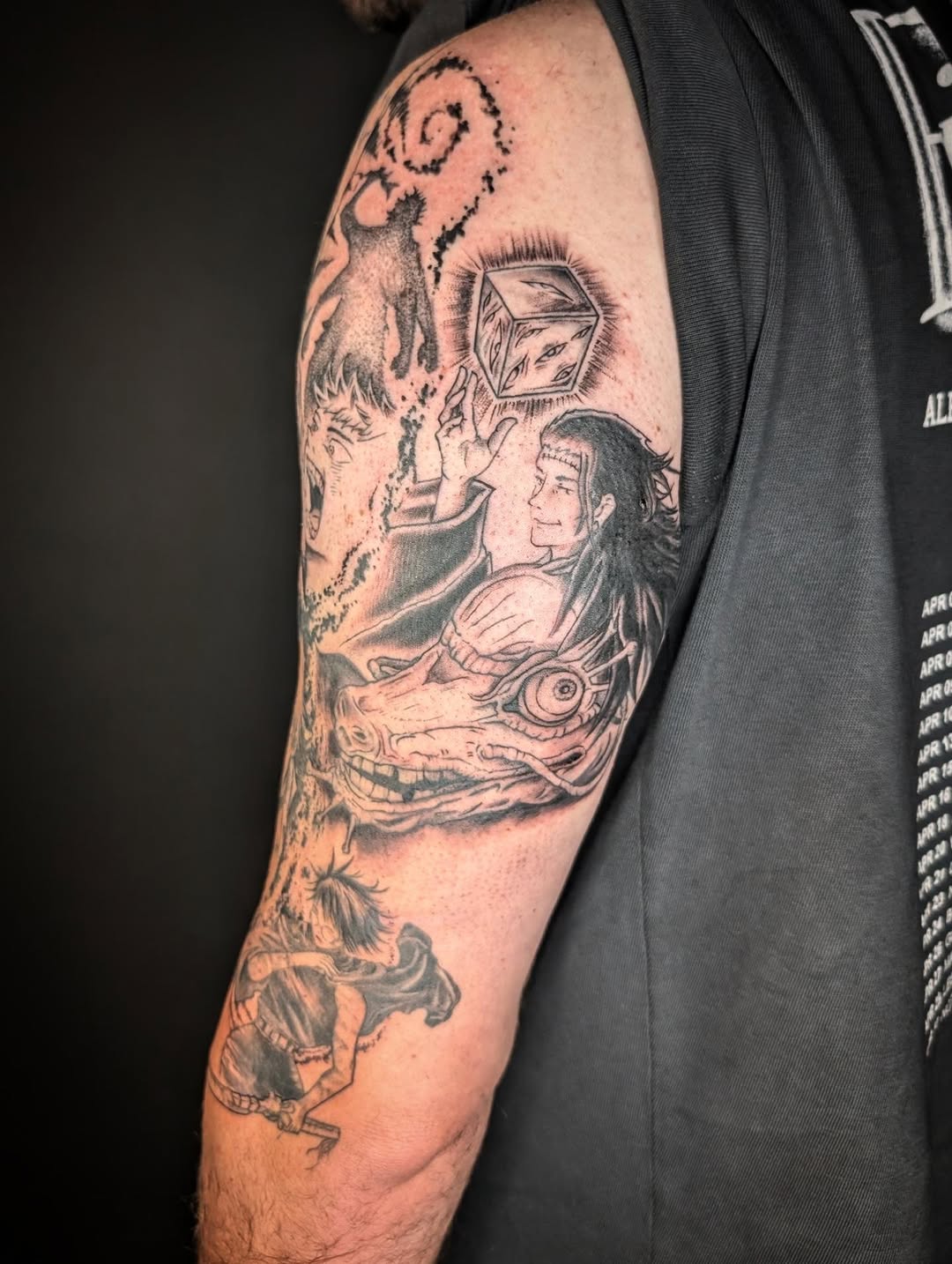 Tattoo by @krystamctattoos111 — anime, black_and_grey