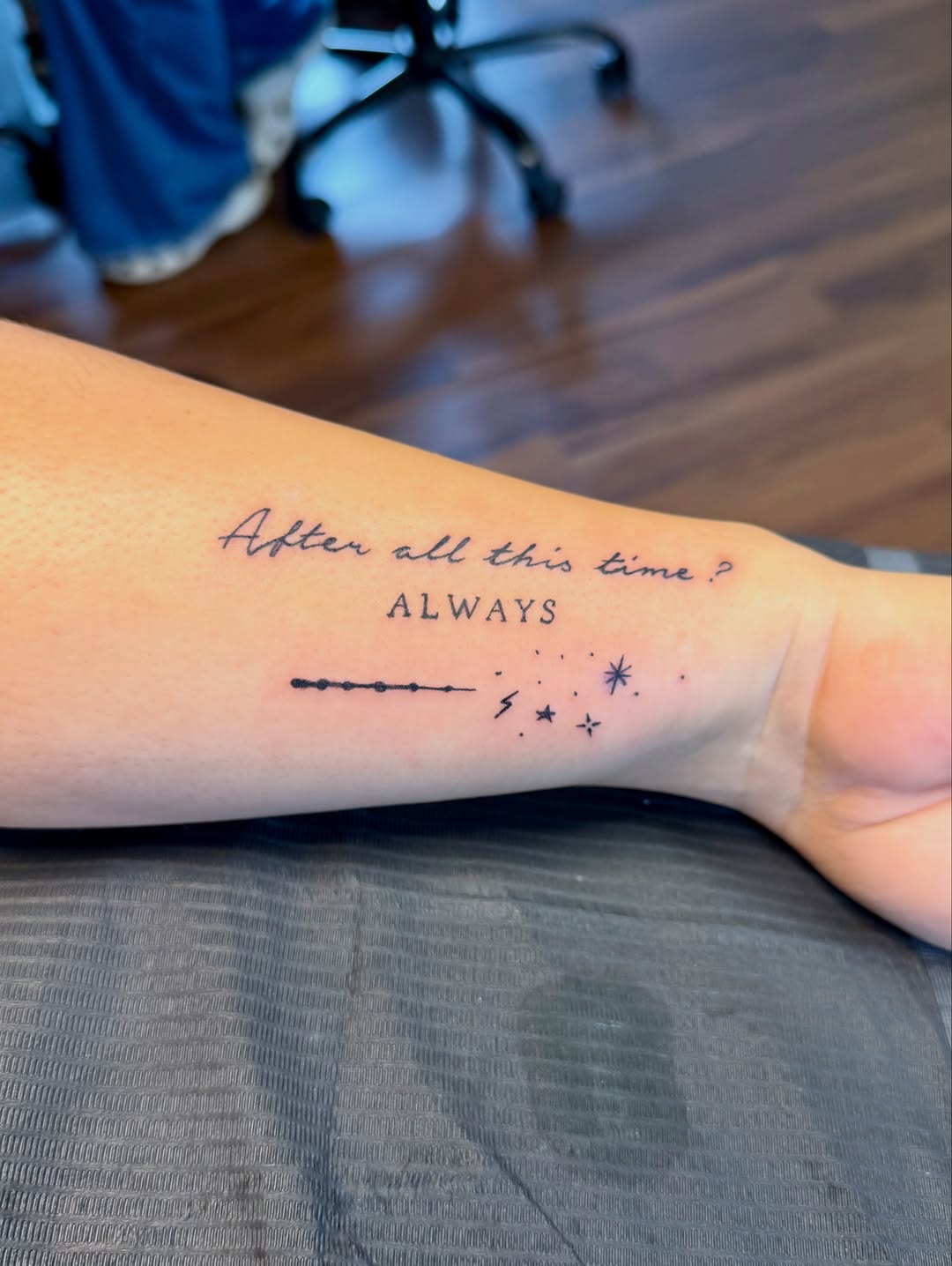 Tattoo by @adriennesmith.ink — lettering_script, fine_line