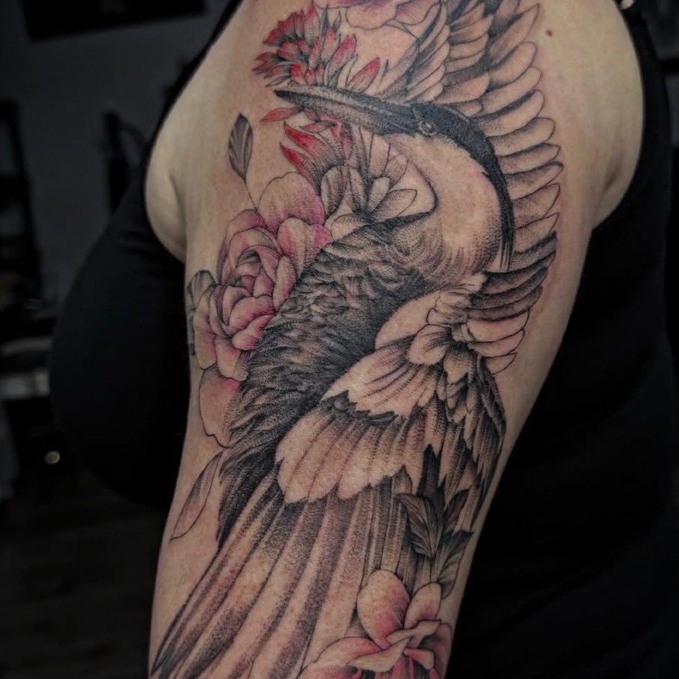 Tattoo by @queen_jaytattz — black_and_grey, dotwork