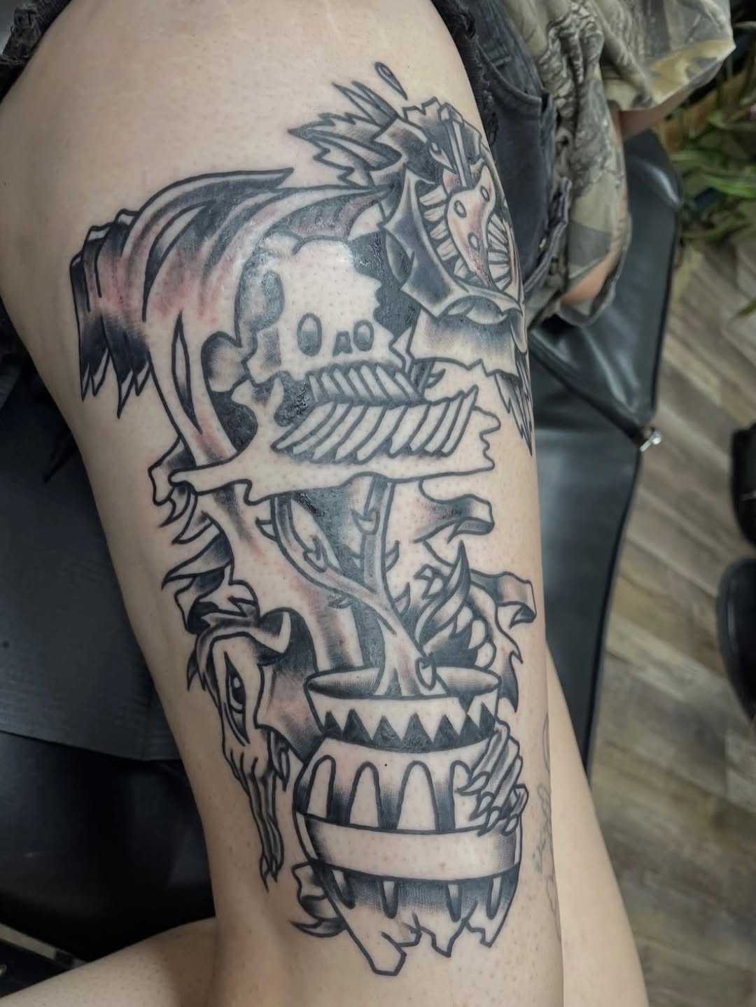 Tattoo by @kustomhustletattoo — black_and_grey, neo_traditional