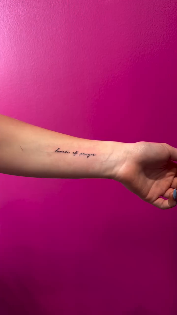 Tattoo by @pinkhousetattoo — lettering_script, fine_line