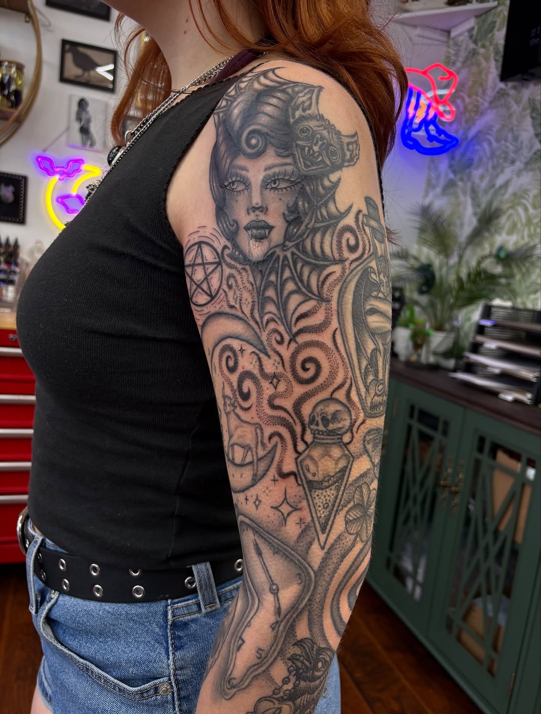 Tattoo by @skyecaliforniaink — black_and_grey, dark_realism