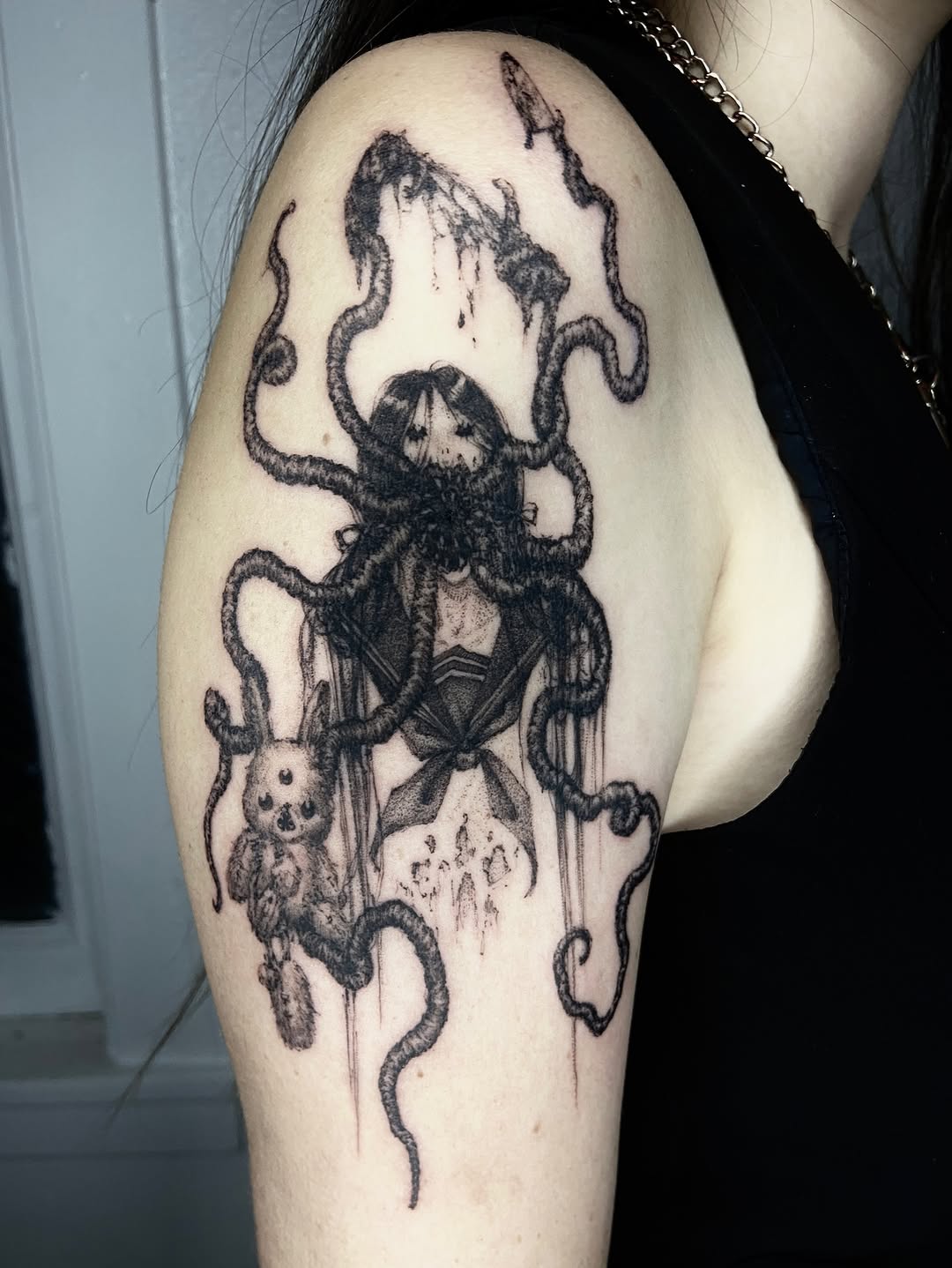 Tattoo by @friedraven_tattoo β dark_realism, blackwork