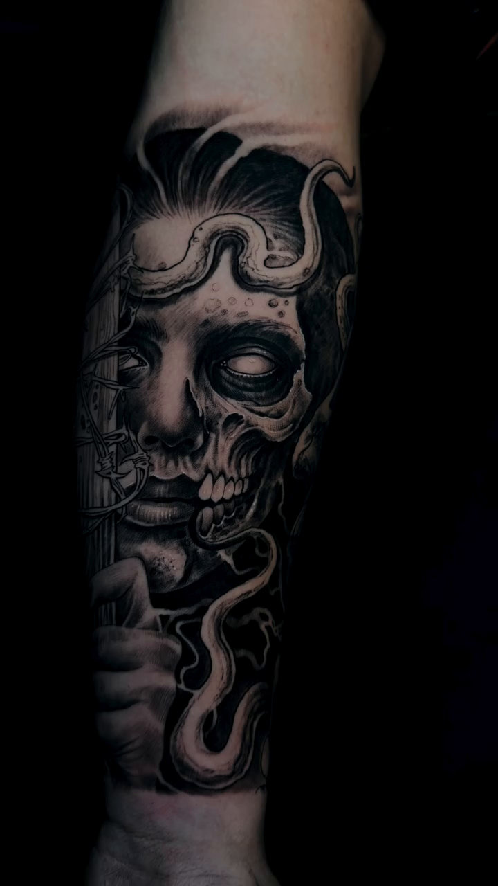 Tattoo by @dark_shadows_tattoo — dark_realism, black_and_grey