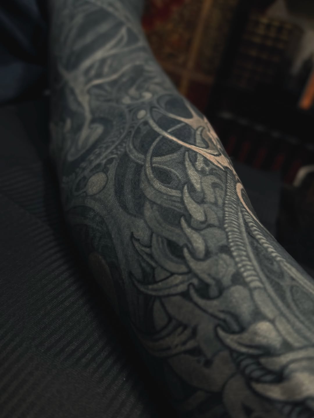 Tattoo by @aaronriddletattoos — black_and_grey, ornamental