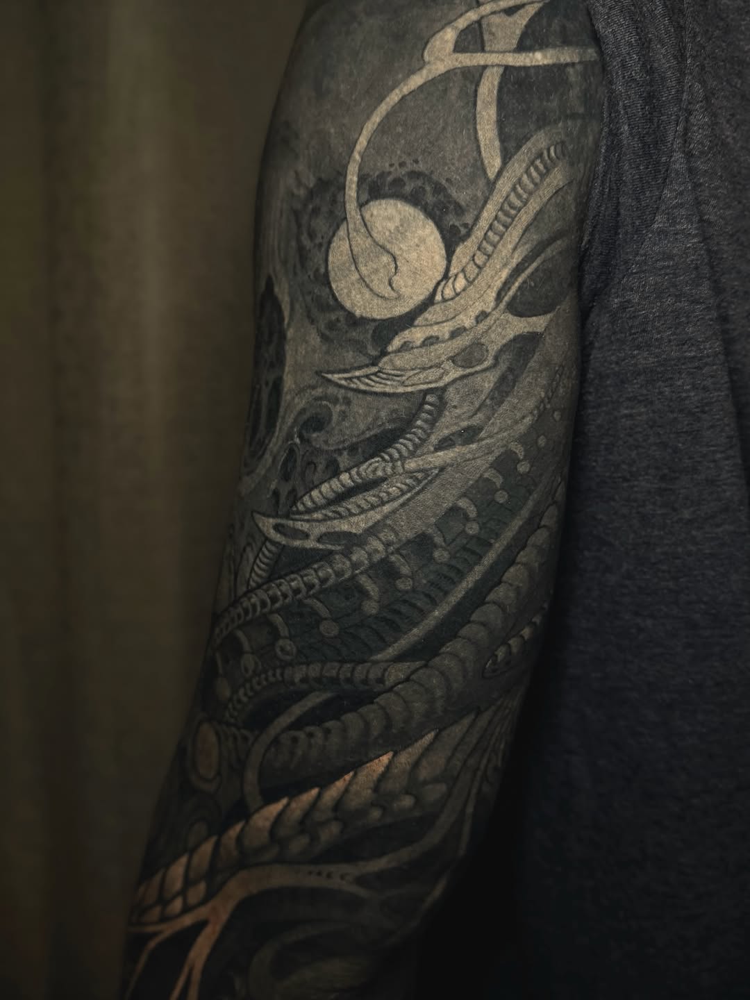 Tattoo by @aaronriddletattoos — black_and_grey, dark_realism