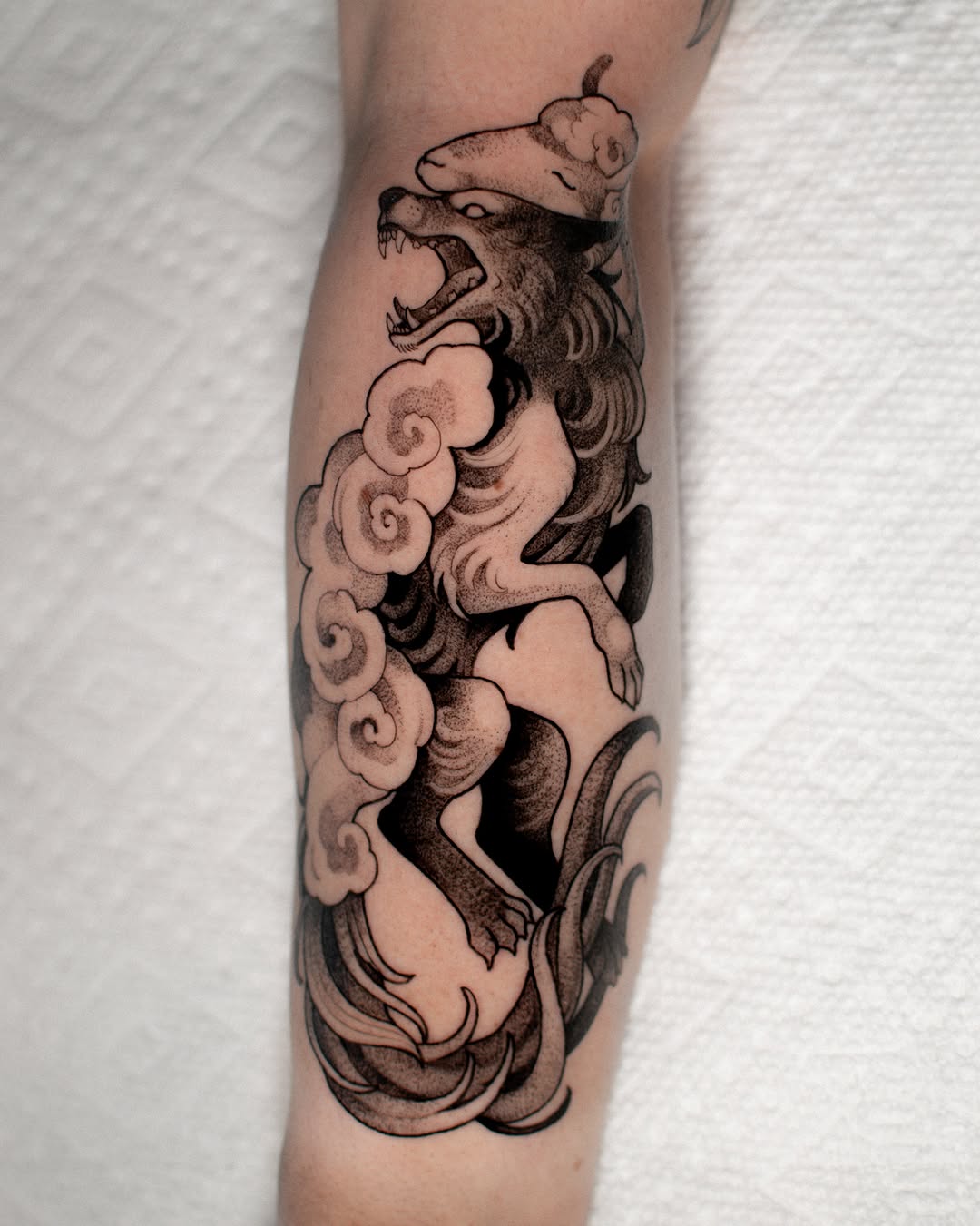 Tattoo by @monique.munoz.art — japanese_irezumi, dotwork