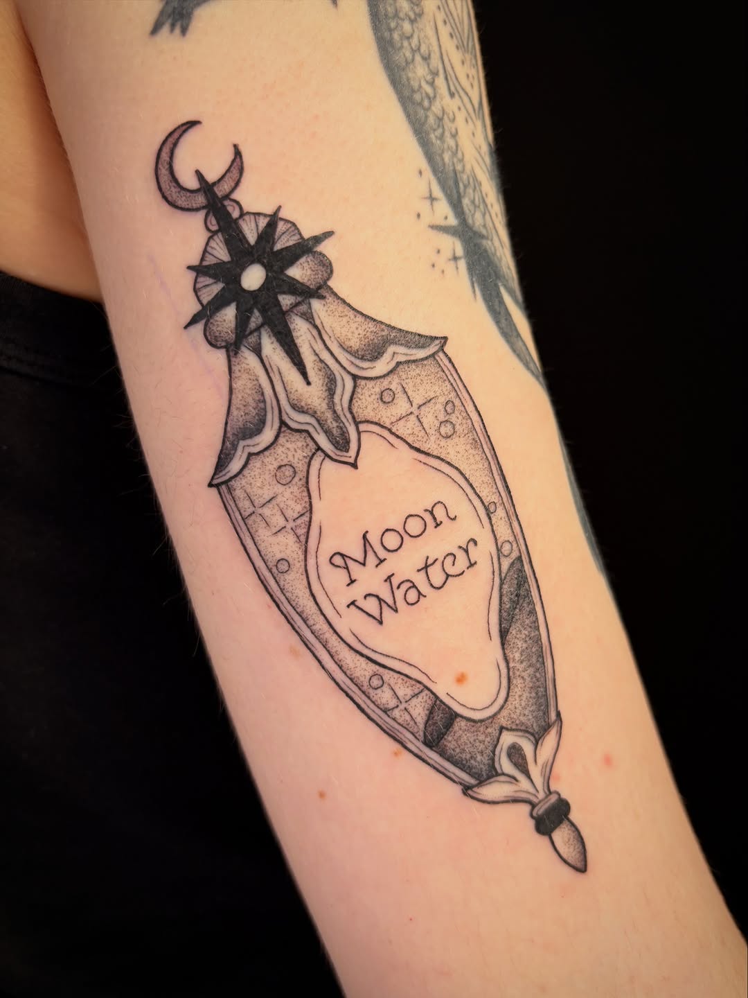 Tattoo by @poppyoliviatattoo — black_and_grey, lettering_script