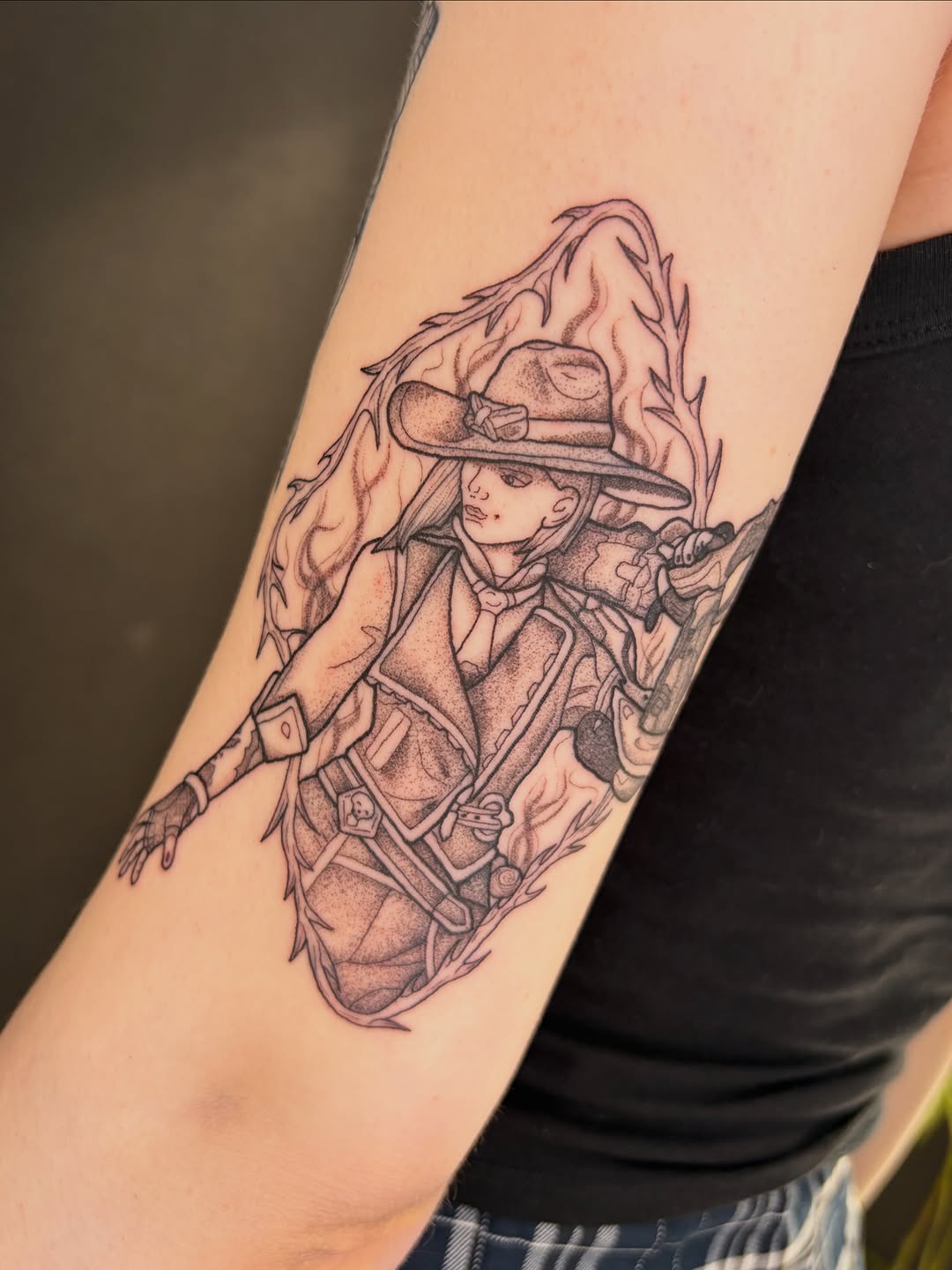 Tattoo by @poppyoliviatattoo — black_and_grey, chicano