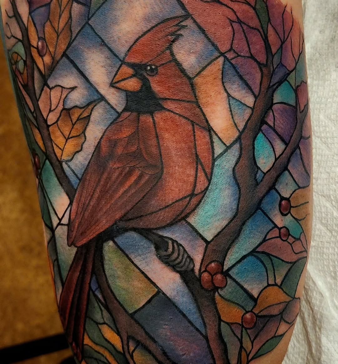 Tattoo by @katiepalmertattoos — realism, stained_glass