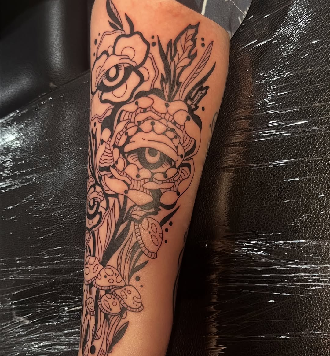 Tattoo by @cow.boy.ink — illustrative, blackwork