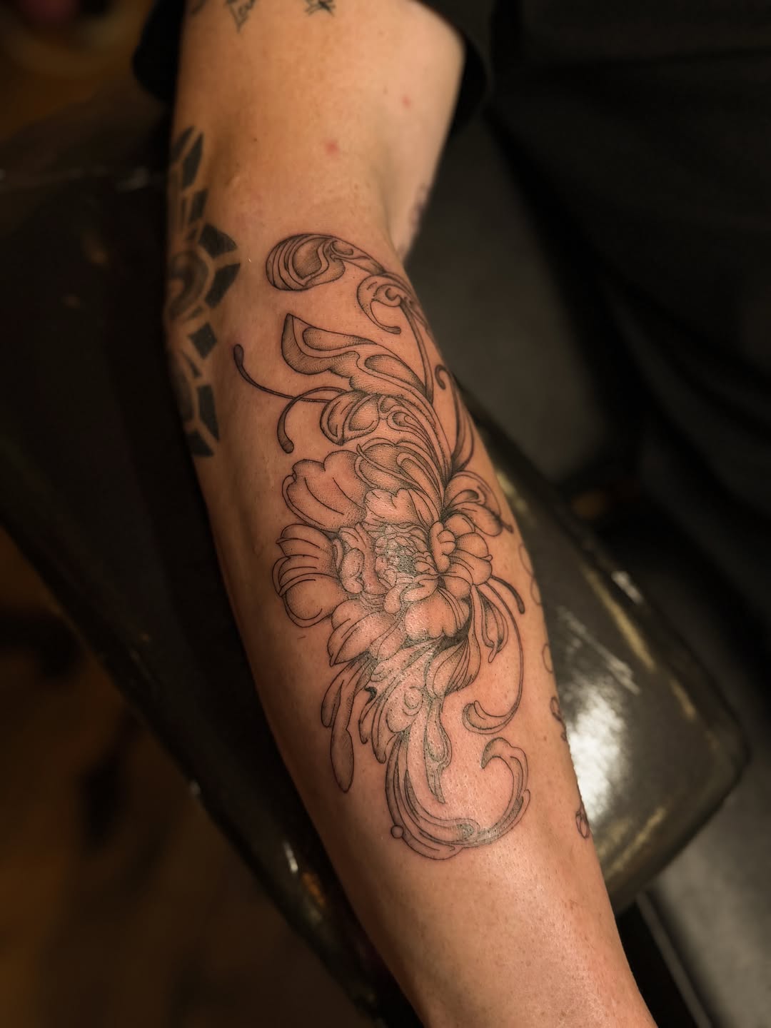 Tattoo by @wildcoyoteco — ornamental, black_and_grey
