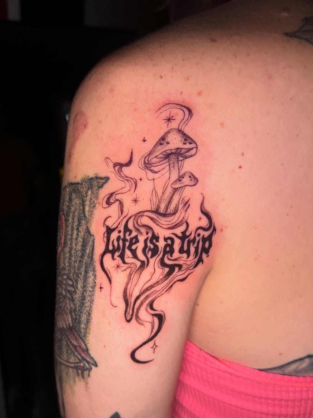Tattoo by @ninelivestvttoo — lettering_script, illustrative