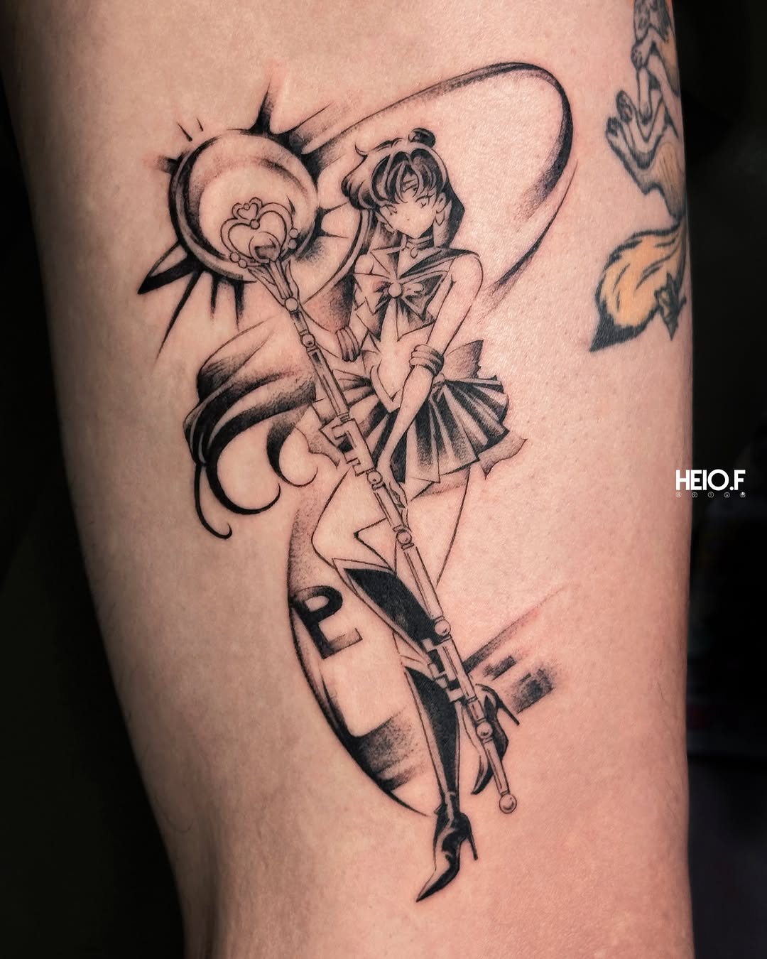 Tattoo by @heio.f — anime, black_and_grey