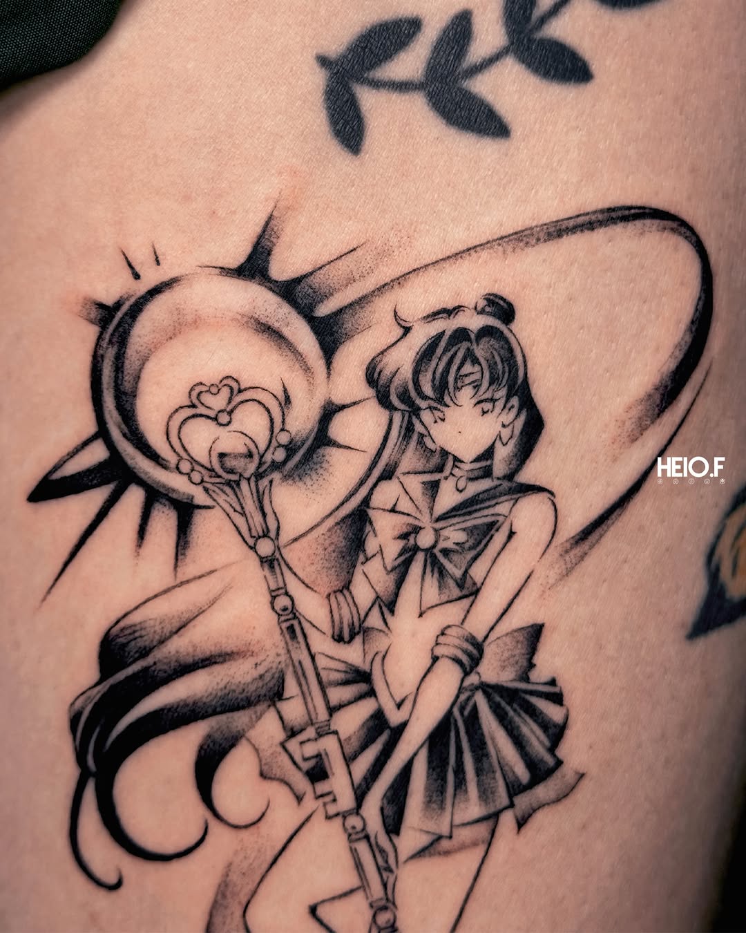 Tattoo by @heio.f — anime, black_and_grey