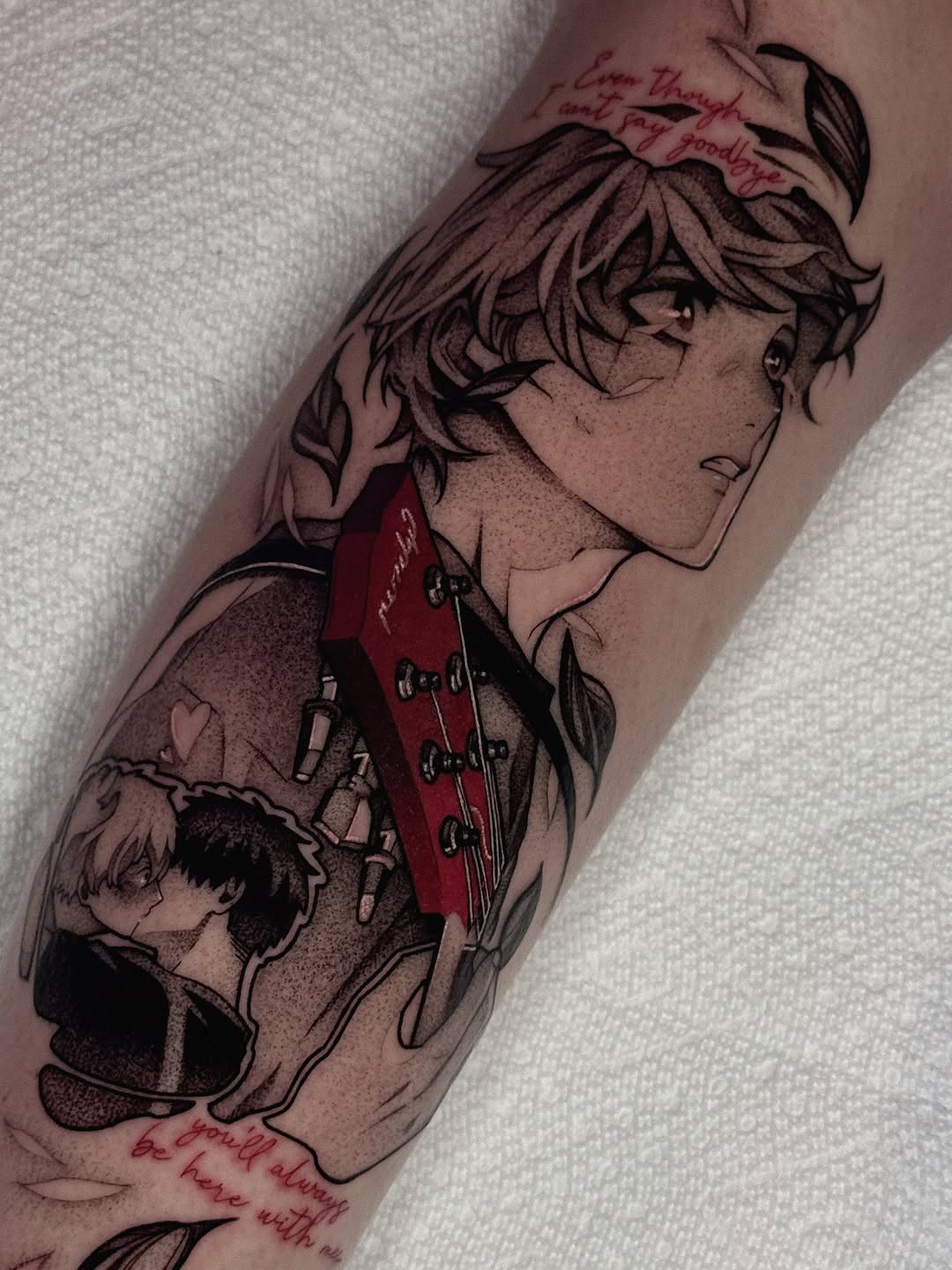 Tattoo by @xq.ink — anime, lettering_script