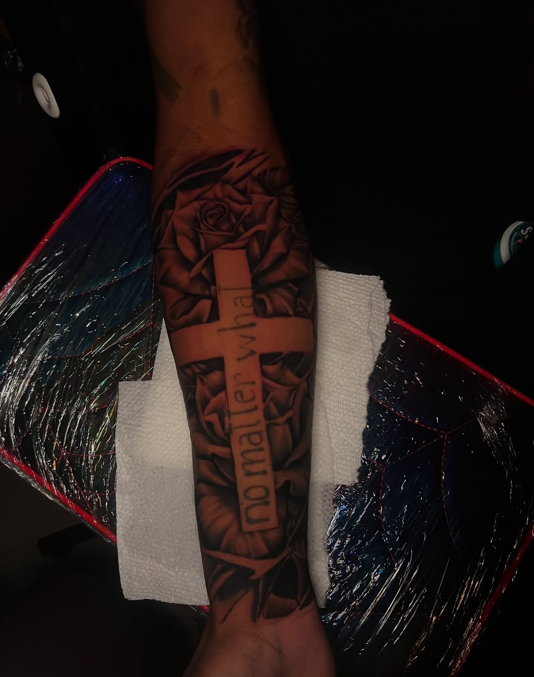 Tattoo by @redinkdtattoos — black_and_grey, lettering_script
