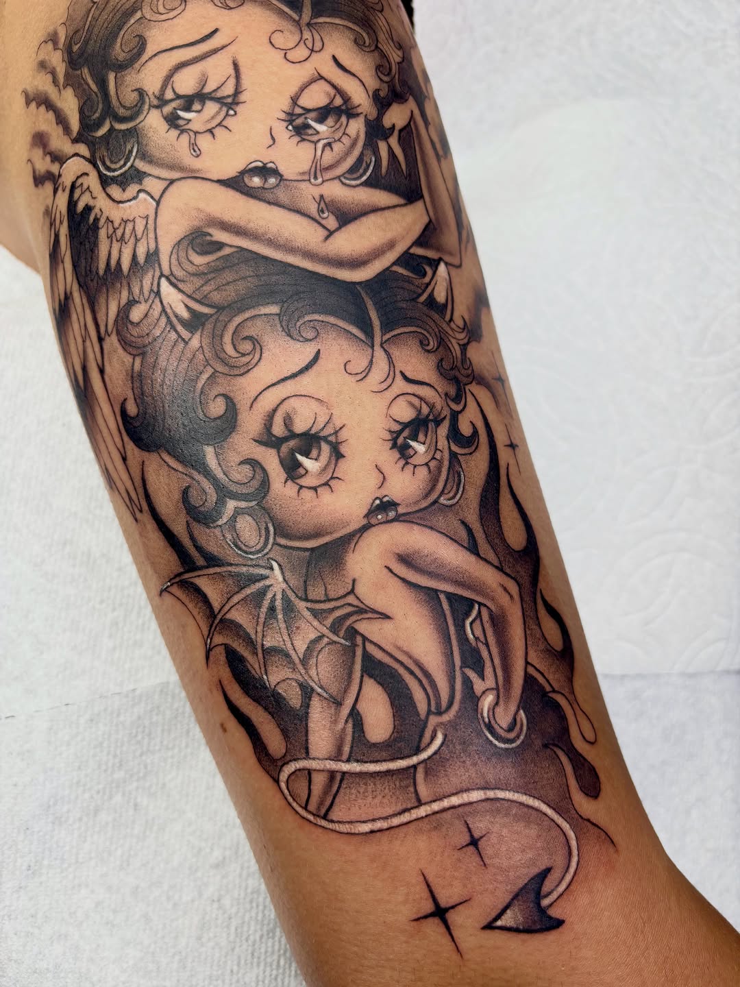 Tattoo by @valeriemourningstar — black_and_grey, chicano