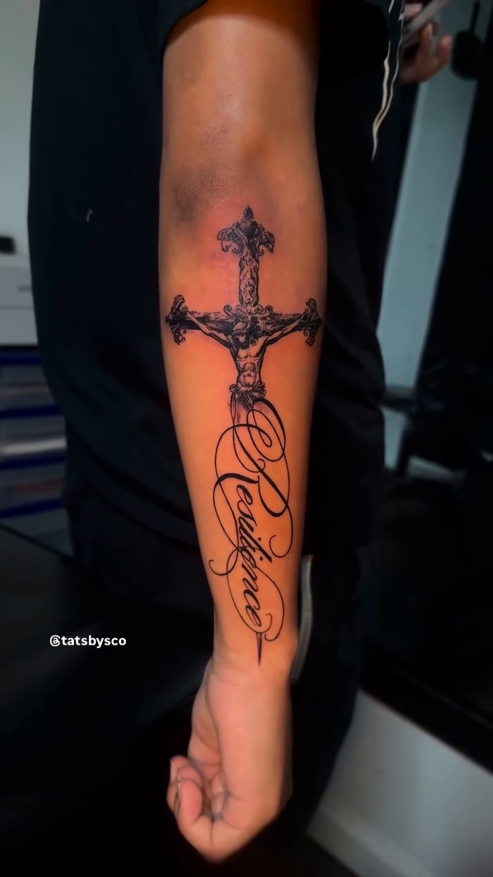 Tattoo by @tatsbysco — black_and_grey, lettering_script